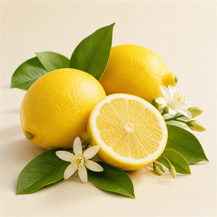Limones italianos amarillos con hojas y flores