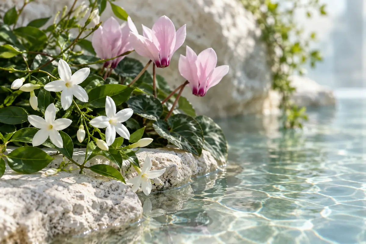 Jazmín blanco y ciclamen rosado junto al agua, inspiración del corazón floral