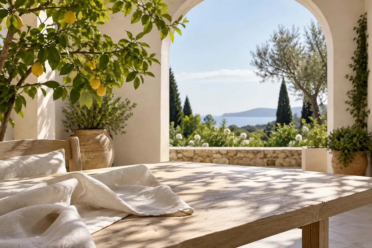 Terraza luminosa con madera clara, lino y un limonero en una mañana mediterránea