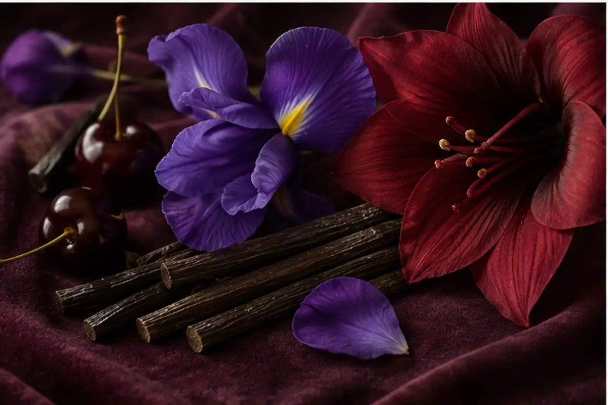 Regaliz, cereza, iris y amarilis del perfume equivalente 143
