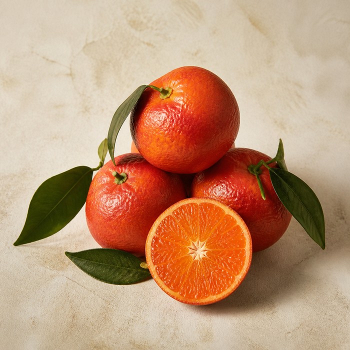Mandarinas rojas enteras y cortadas con hojas
