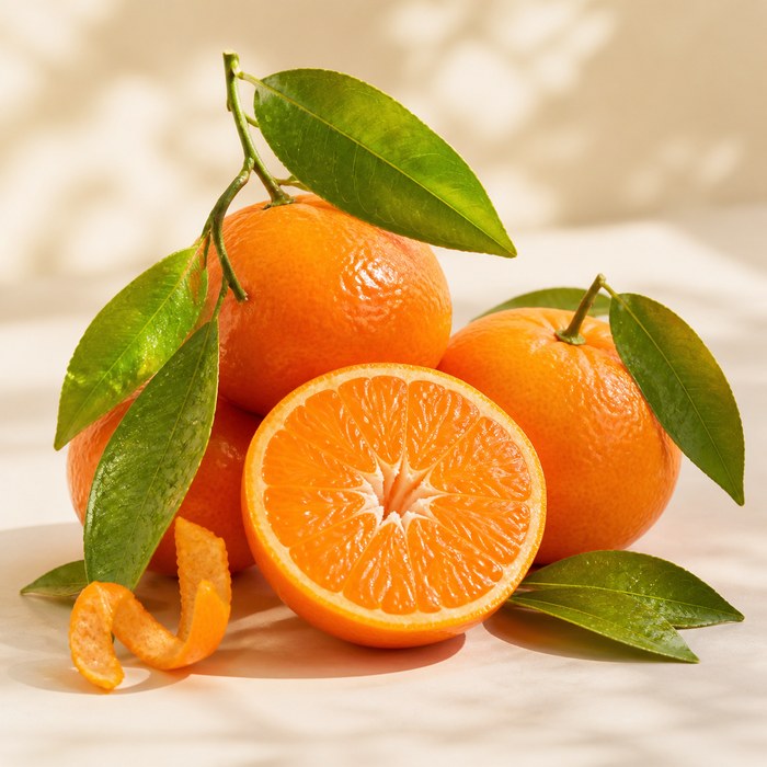 Mandarinas sicilianas enteras y cortadas con hojas verdes