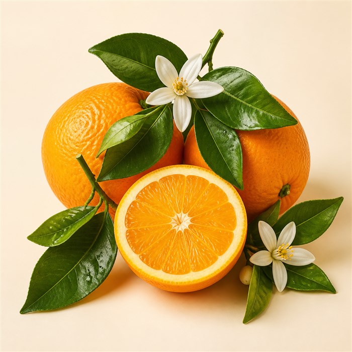 Naranjas sicilianas con hojas y flores de azahar