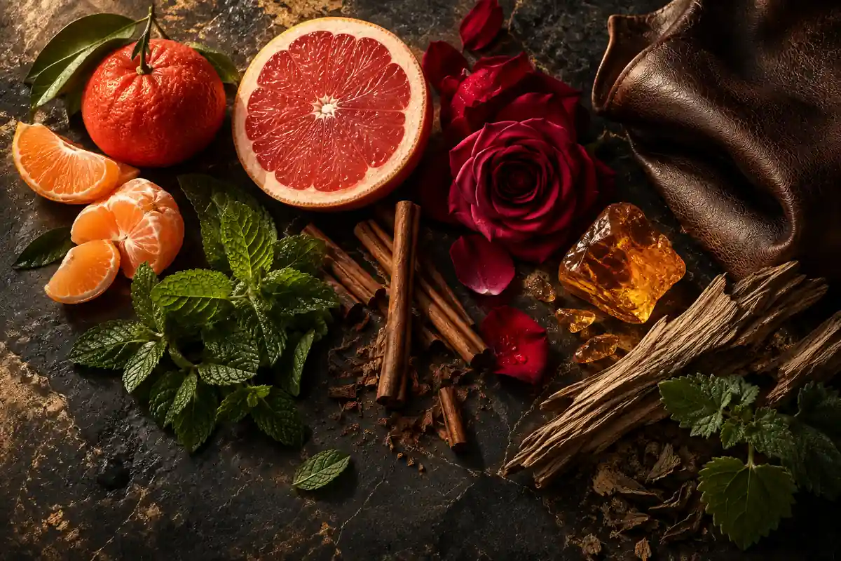 Mandarina, menta, canela, rosa, cuero y ámbar del perfume equivalente a 1 Million