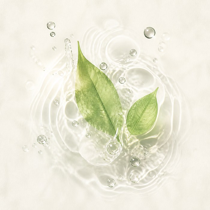 Ondas de agua, gotas transparentes y hojas verdes
