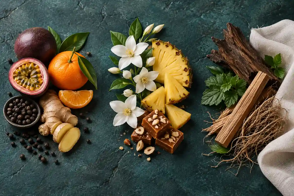 Maracuyá, mandarina, especias, jazmín, piña, praliné y maderas de la referencia 631