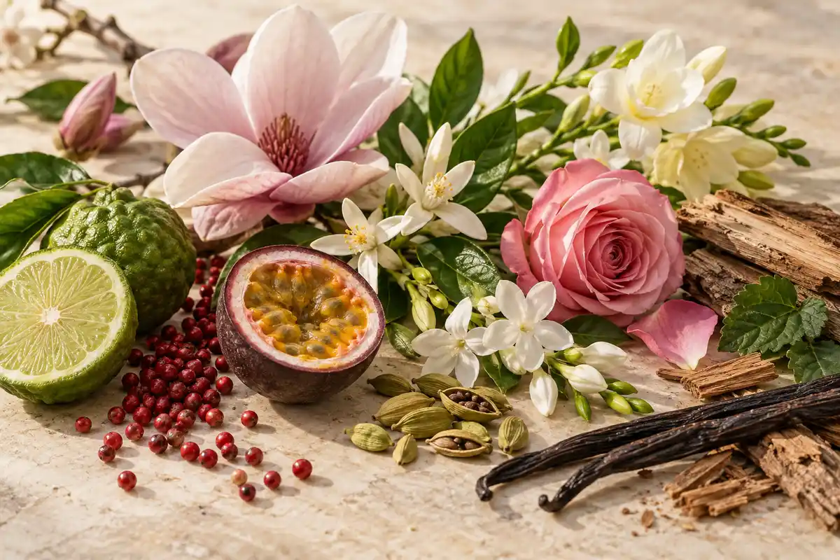 Maracuyá, flores, pimienta rosa, cardamomo y maderas de la referencia J121