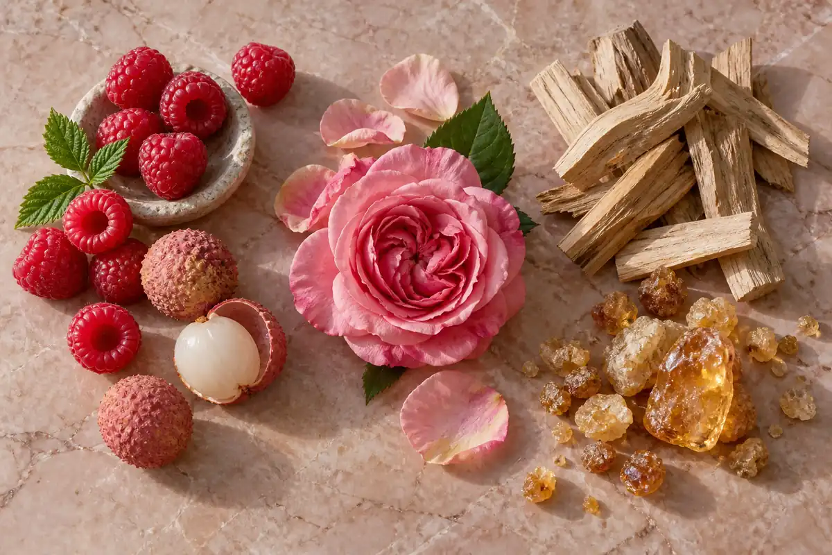 Frambuesa, lichi, rosa, akigalawood y benjuí del perfume equivalente a Angel Nova