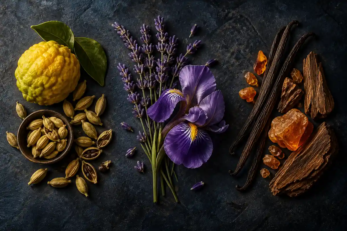 Cardamomo, bergamota, lavanda, iris, vainilla, ámbar y maderas de la referencia 112