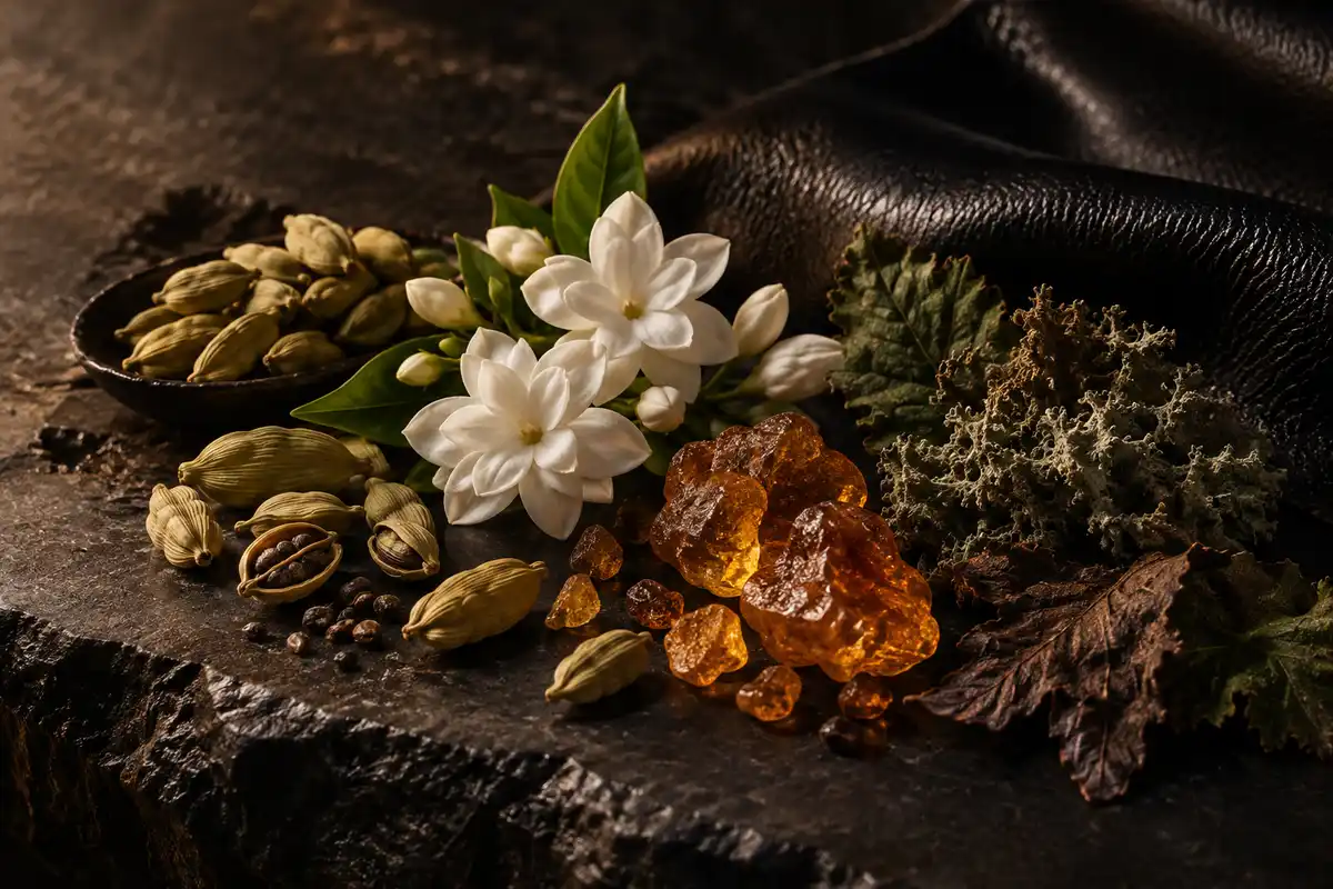 Cardamomo, cuero, jazmín, ámbar, musgo y pachulí de la referencia U9