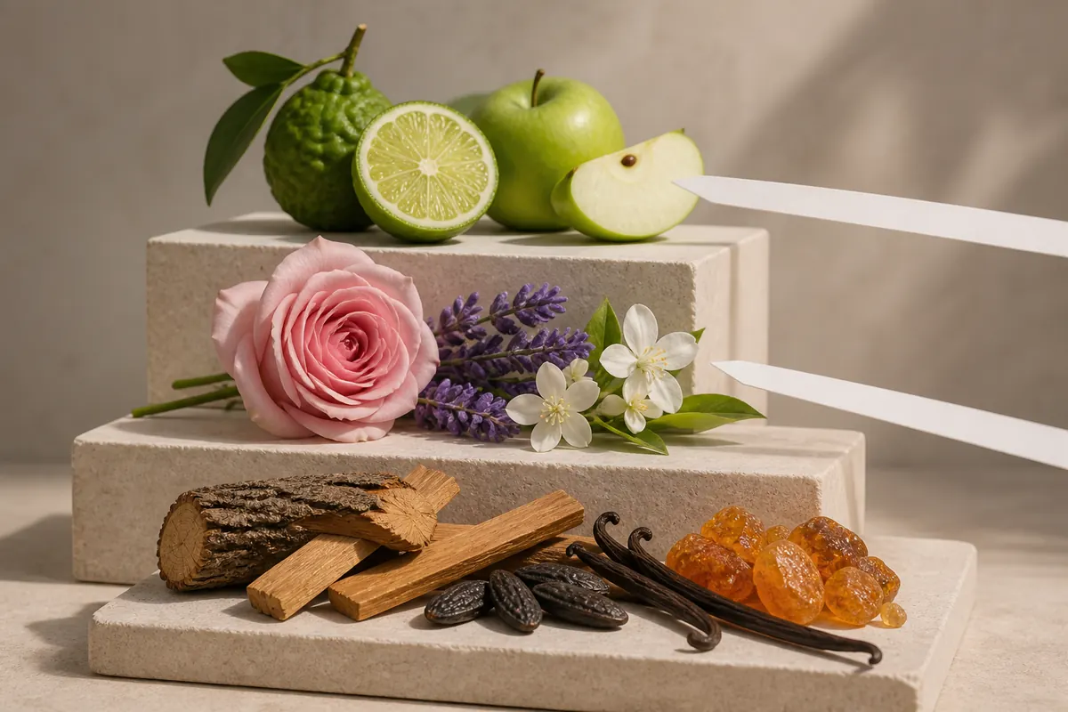 Evolución de perfumes similares desde notas cítricas y frutales hasta flores, maderas, vainilla y ámbar