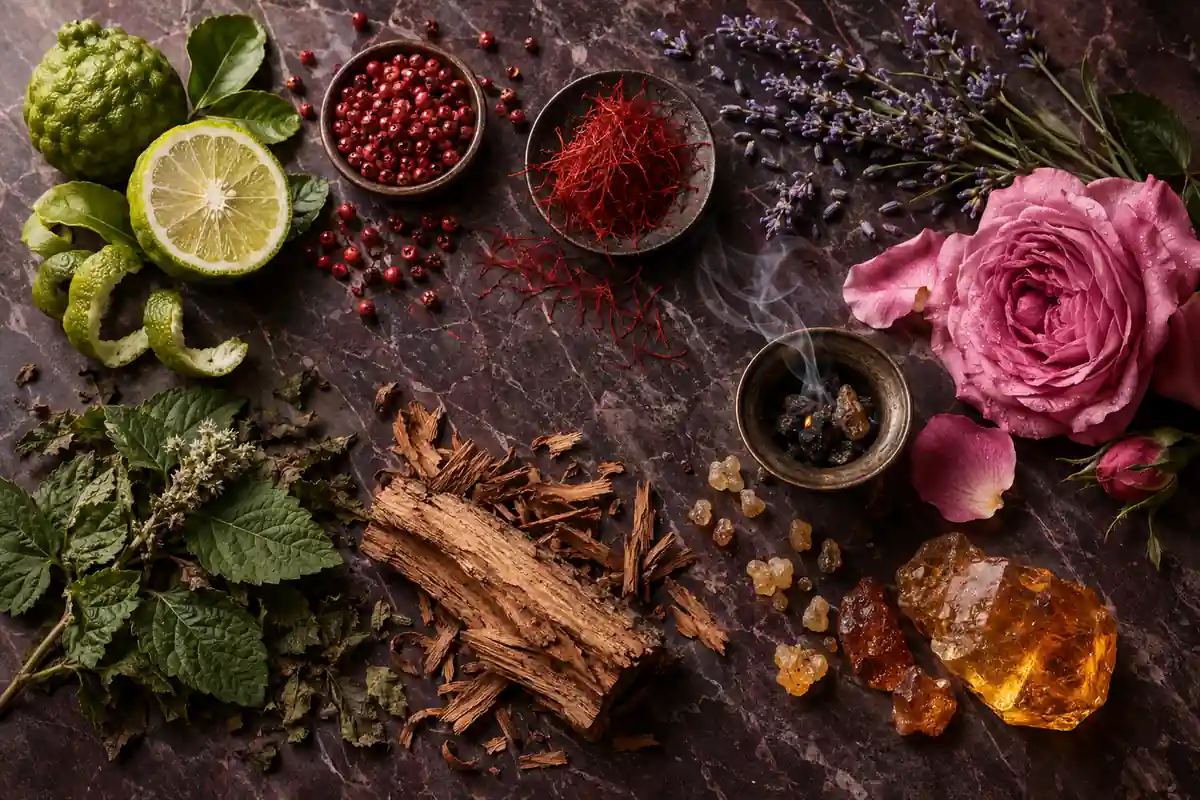 Bergamota, azafrán, rosa, incienso, pachulí y ámbar del perfume equivalente a Secure