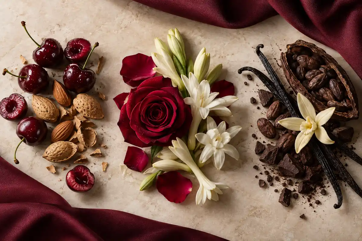 Cereza negra, almendra amarga, rosa, nardos, cacao y vainilla de la referencia 647