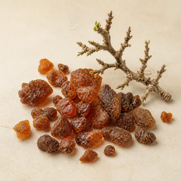 Trozos de resina de opopónaco con una rama de Commiphora