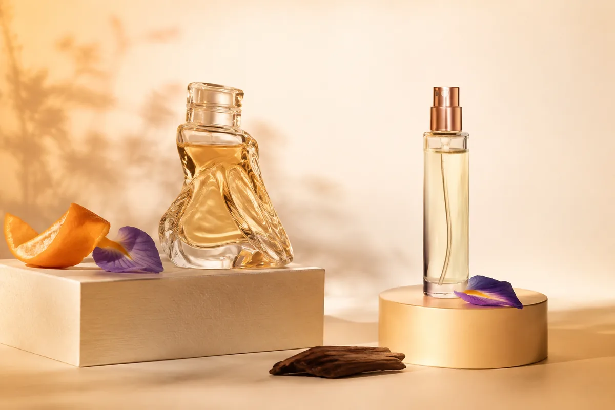 Diferencias entre perfumes originales e imitaciones representadas con dos frascos sin marca