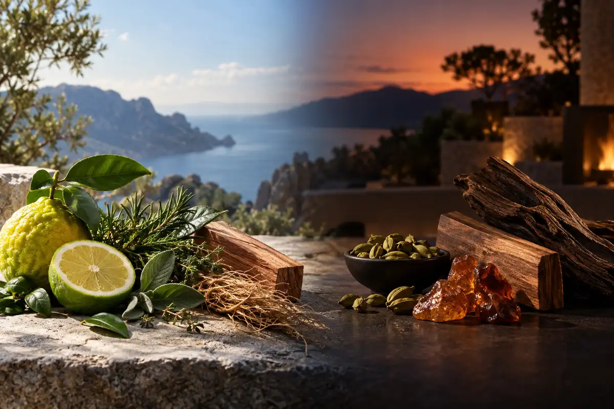 Perfume amaderado de hombre según ocasión con cítricos cedro vetiver cardamomo y maderas cálidas