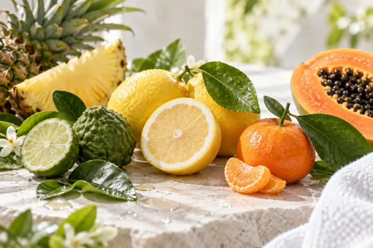Ingredientes cítricos del perfume equivalente a CK One con limón, bergamota, mandarina, piña y papaya