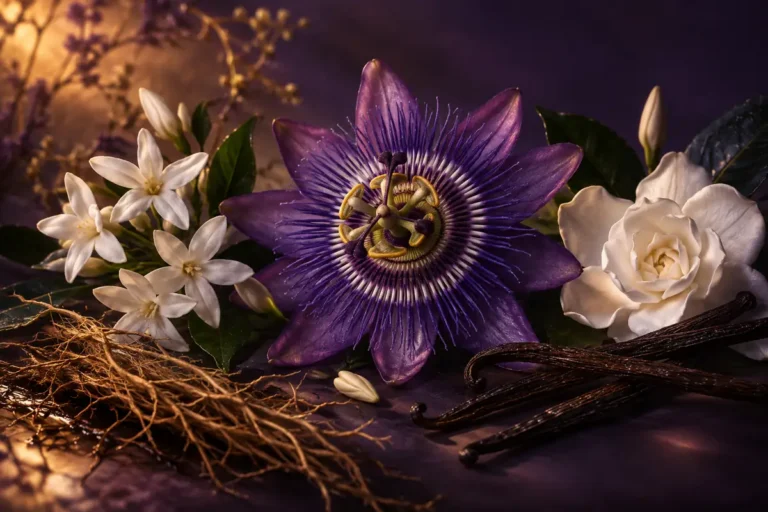 Imagen editorial del perfume equivalente a Hypnose Lancôme con pasionaria, jazmín, gardenia, vainilla y vetiver