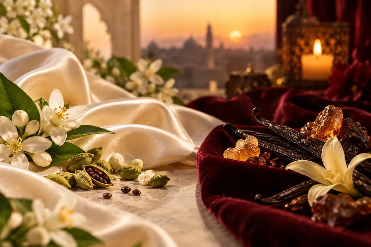 Perfume oriental de mujer según la ocasión con flores claras especias vainilla resinas y luz de atardecer