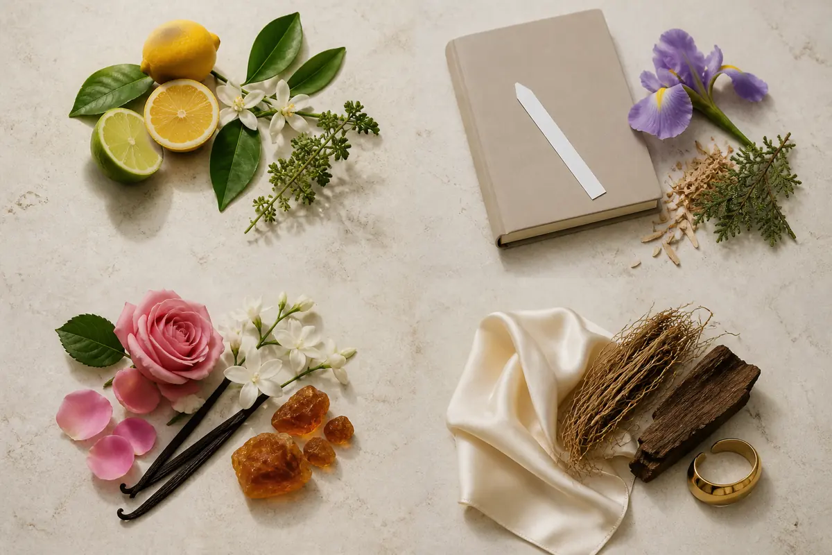 Perfume según la ocasión representado con cítricos para diario, iris para oficina, rosa para cita y maderas para eventos