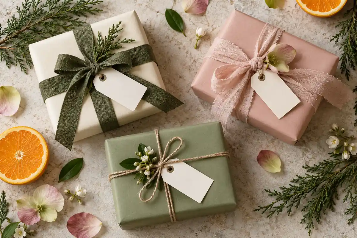 Perfumes para el amigo invisible por menos de 20 euros 2 Tres regalos con papeles claros, rosa y verde y tarjetas vacías