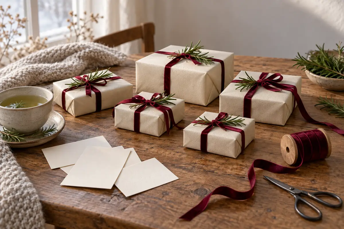 Perfumes para el amigo invisible por menos de 20 euros 4 Cinco regalos claros con cinta burdeos y tarjetas sin texto sobre una mesa