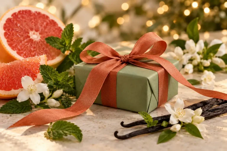 Regalo verde con lazo cobrizo entre pomelo, menta, flores blancas y vainilla