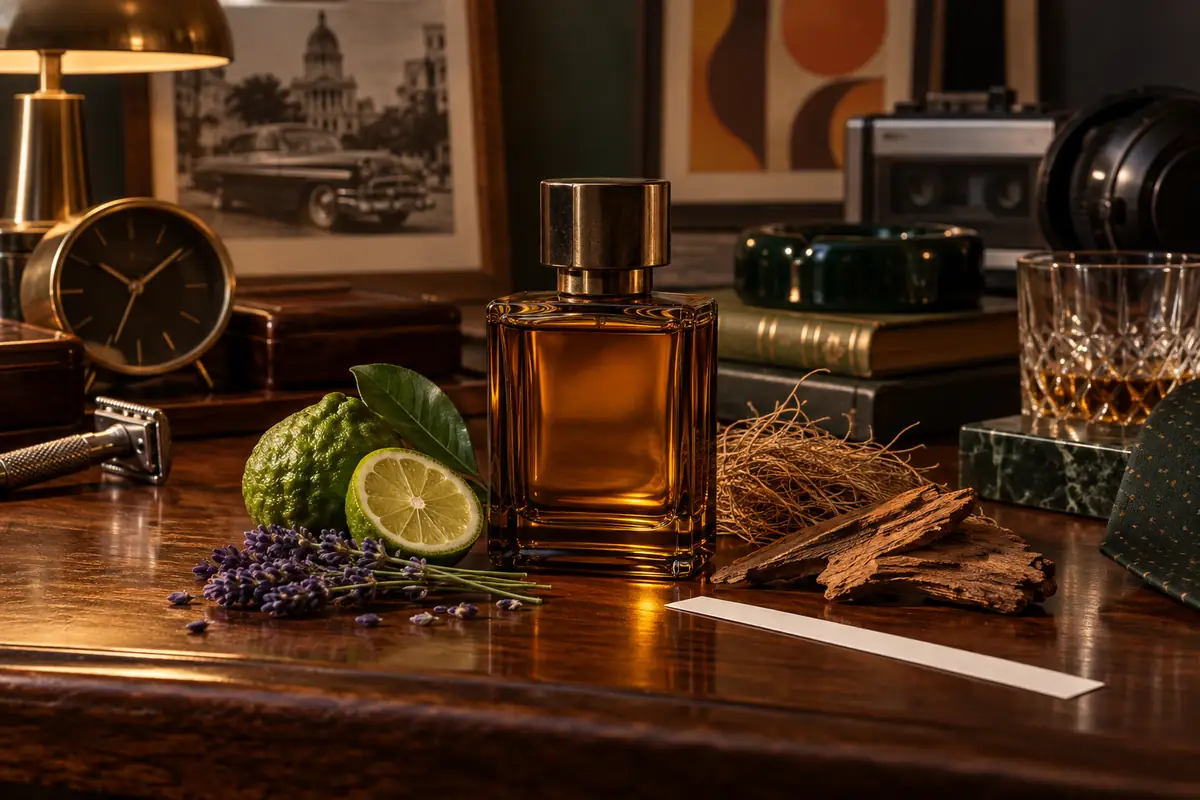 Perfumes antiguos de hombre: clásicos que nunca pasan de moda 1 Perfumes antiguos de hombre con bergamota, lavanda y maderas en ambiente clásico