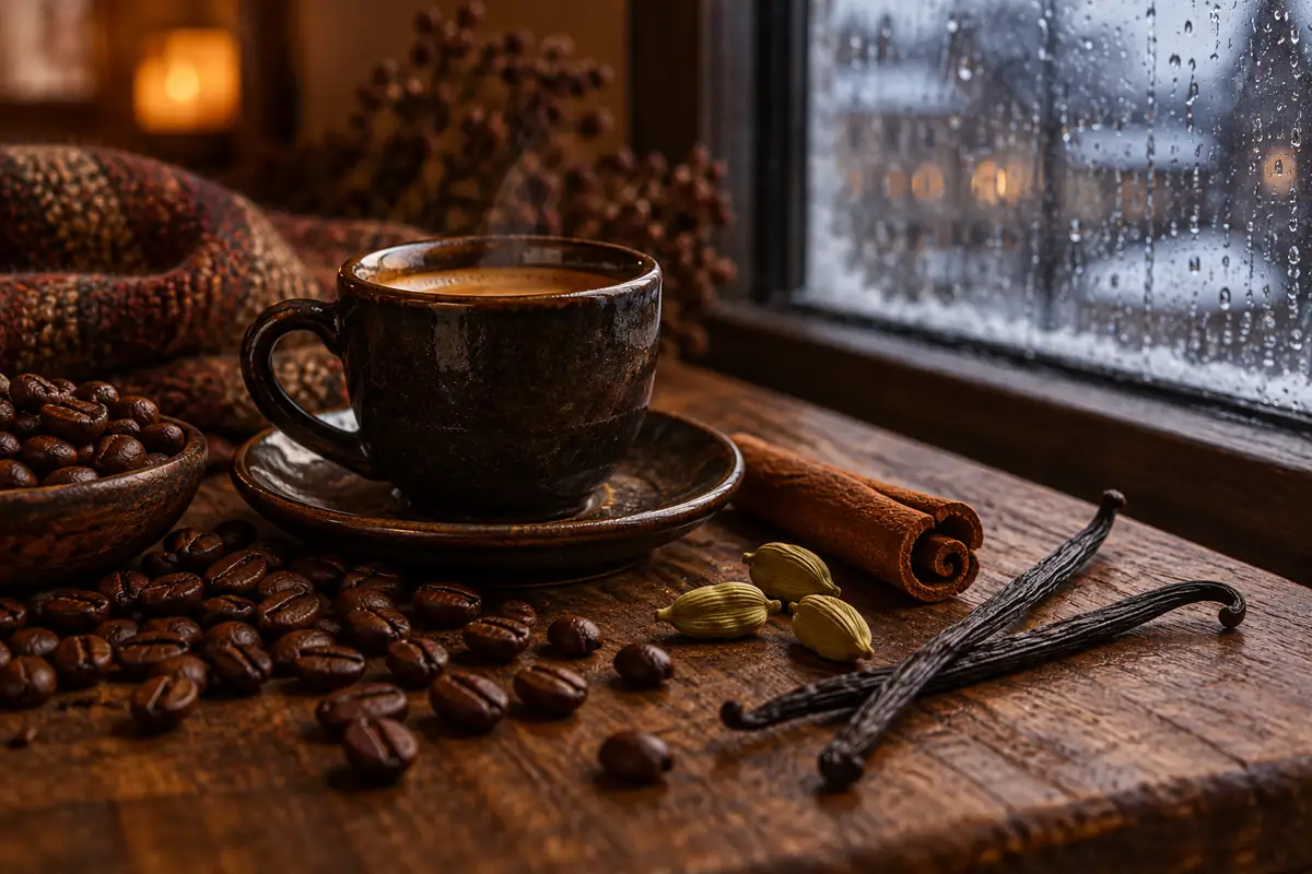 Perfumes árabes para otoño e invierno: mujer, hombre y unisex 3 Taza de café, canela, cardamomo y vainilla junto a una ventana con lluvia