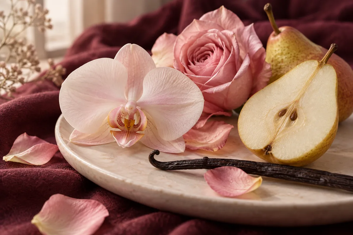 Perfumes árabes para otoño e invierno: mujer, hombre y unisex 2 Orquídea, rosa, pera y vainilla sobre cerámica clara y tejido granate