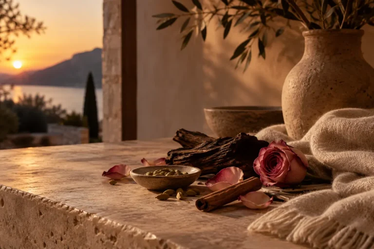 Perfumes árabes para otoño e invierno: mujer, hombre y unisex 14 Rosa, especias, maderas y tejido cálido sobre una mesa al atardecer