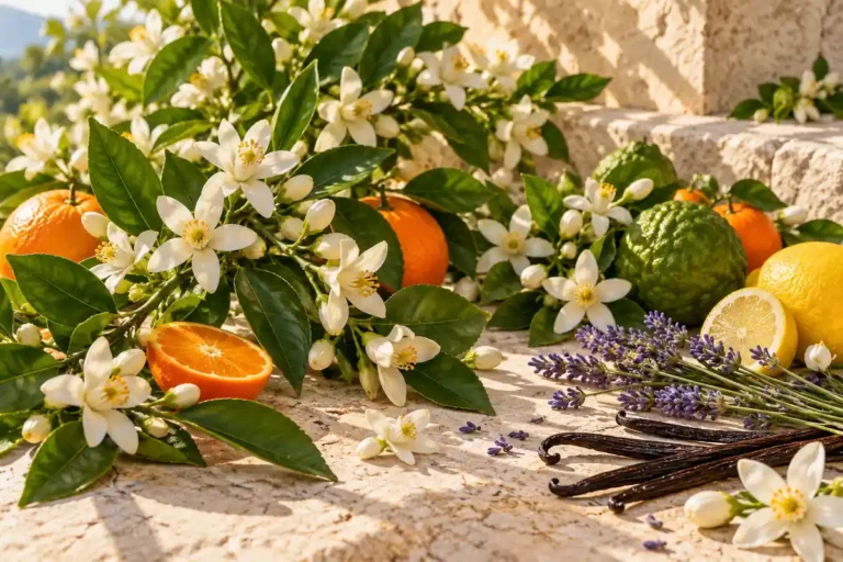 Ramas de azahar con cítricos, lavanda y vainilla sobre piedra clara