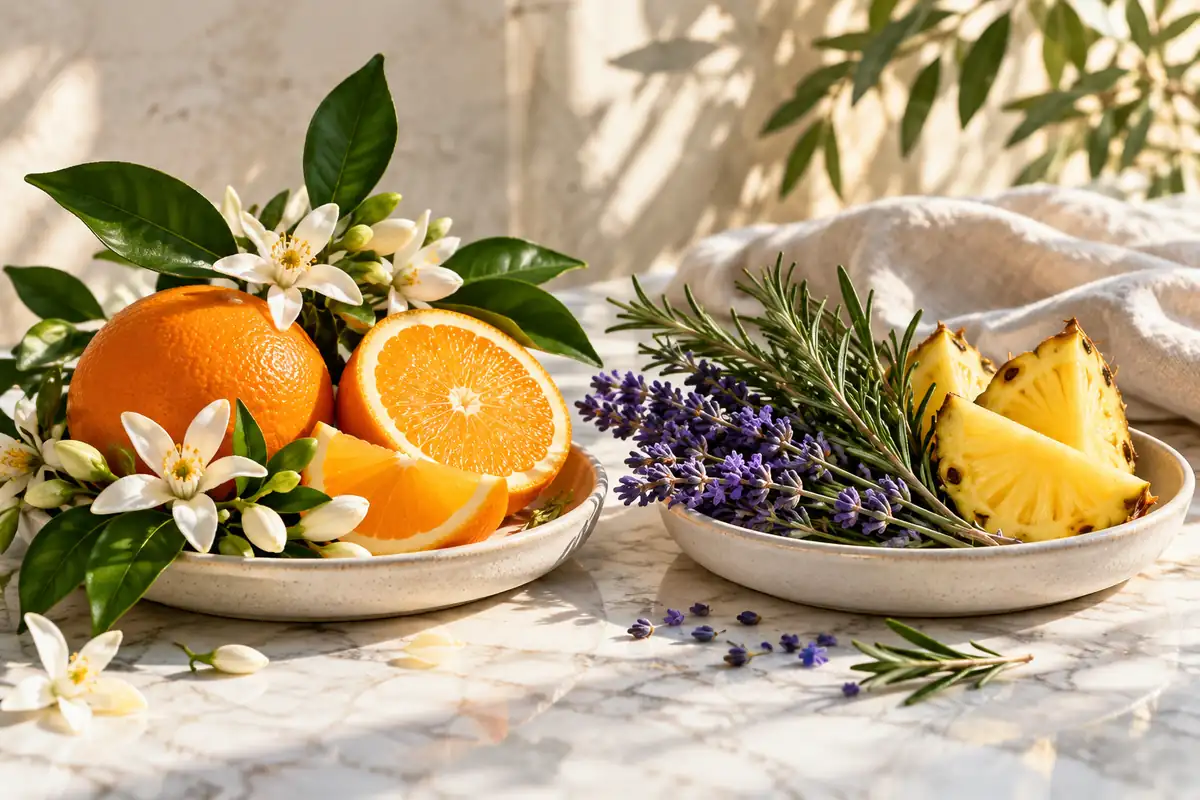 Perfumes para compartir en pareja: cómo encontrar un aroma que os guste a los dos 2 Cítricos, azahar, hierbas y piña junto a dos platos cerámicos
