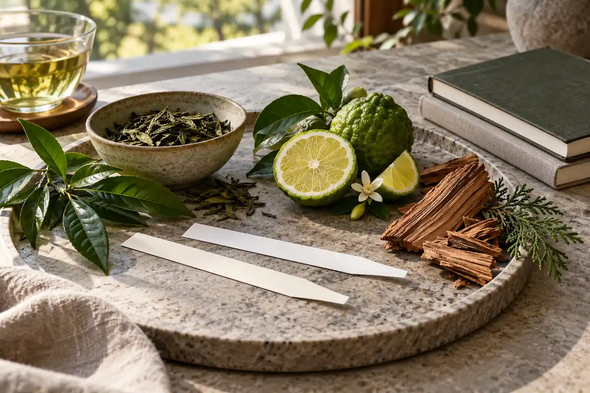 Perfumes para compartir en pareja: cómo encontrar un aroma que os guste a los dos 4 Dos tiras de papel sin texto junto a té, bergamota y cedro