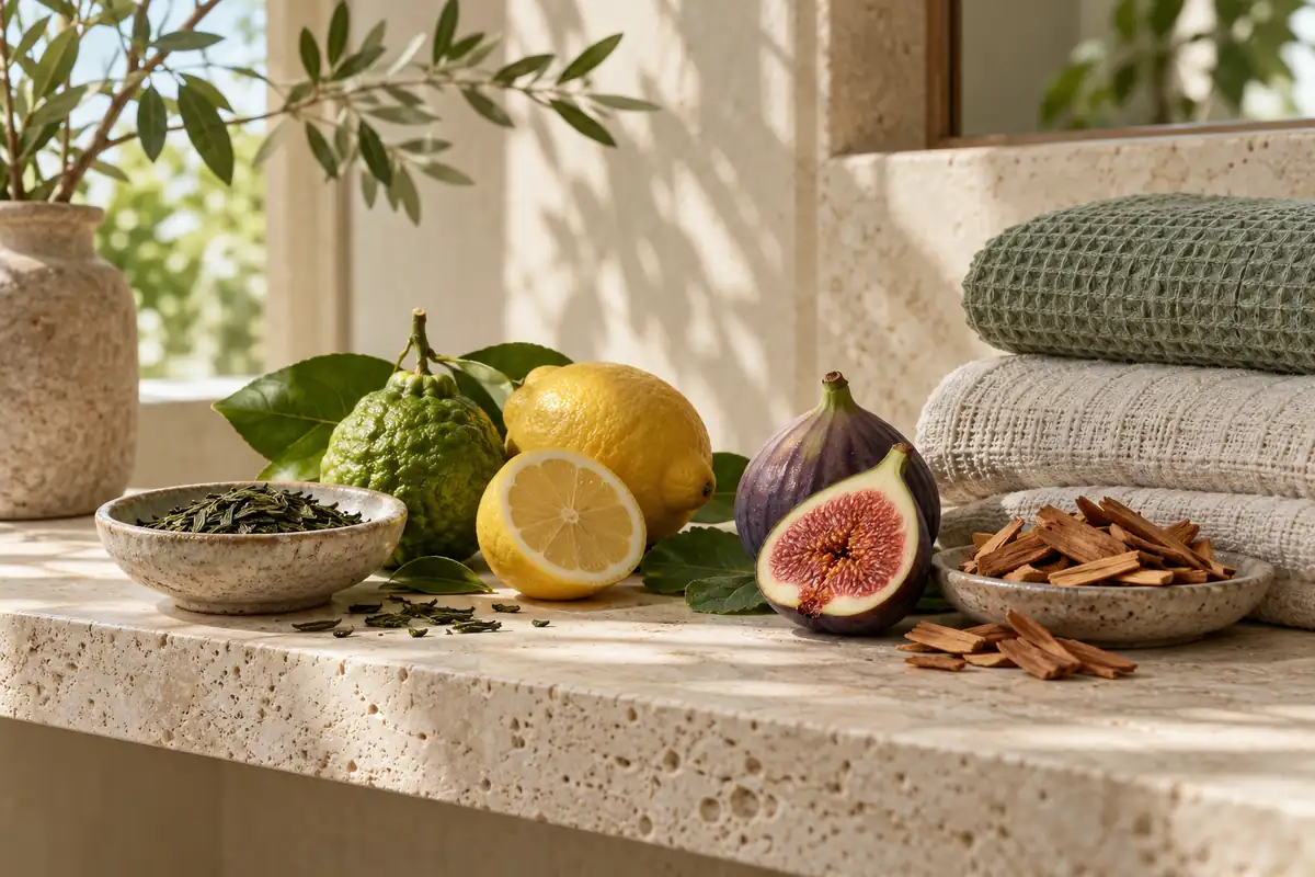 Perfumes para compartir en pareja: cómo encontrar un aroma que os guste a los dos 1 Dos toallas de lino junto a cítricos, higo, té y cedro sobre travertino