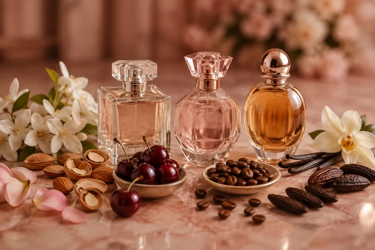 Perfumes de equivalencia florales y gourmand con almendra, café, cereza, jazmín y vainilla
