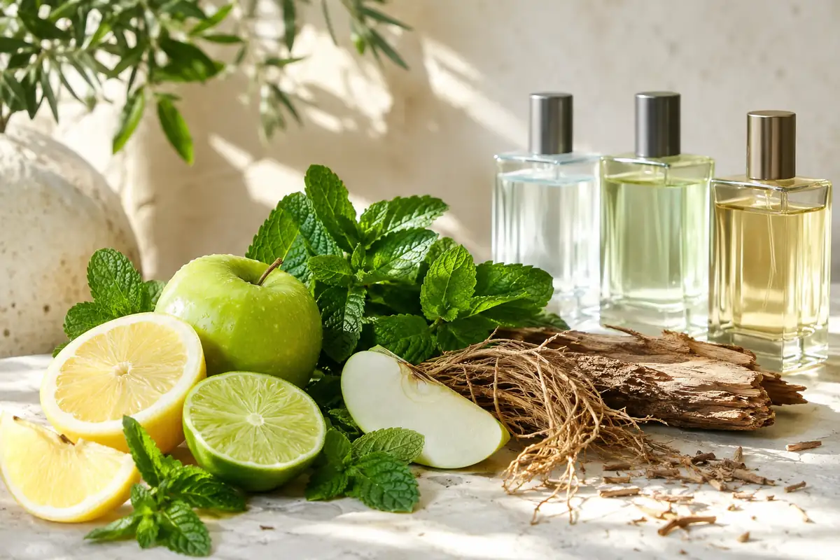 Perfumes de equivalencia frescos populares con cítricos, menta, manzana, vetiver y cedro
