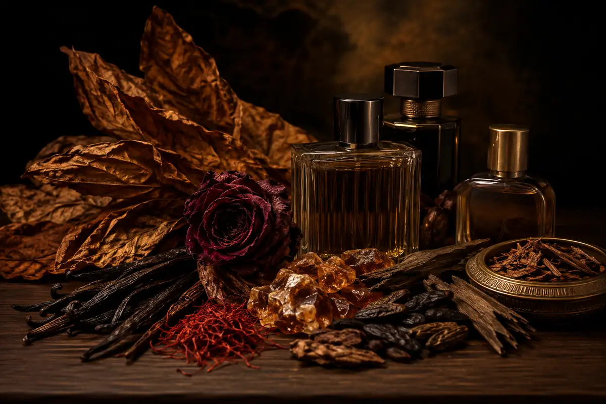 Perfumes de equivalencia intensos para la noche con tabaco, vainilla, azafrán, oud y ámbar