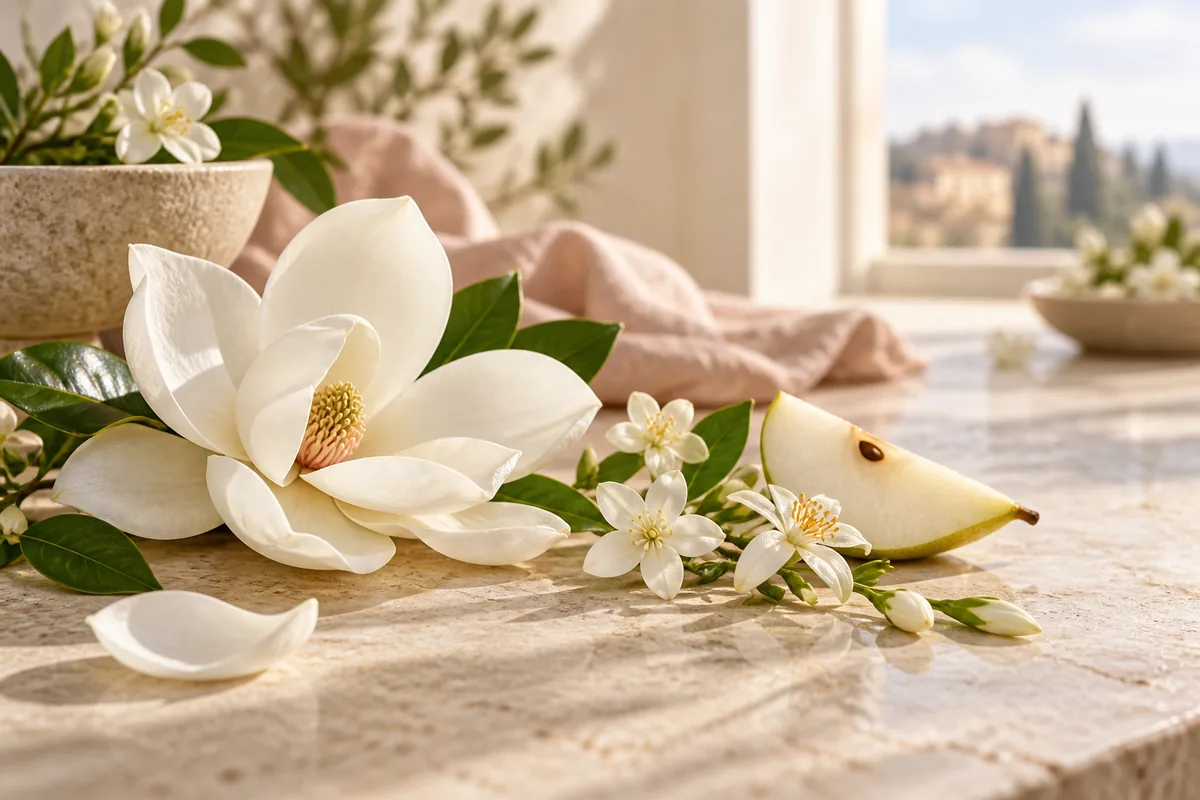 Magnolia, jazmín, azahar y pera para representar perfumes florales de equivalencia para diario