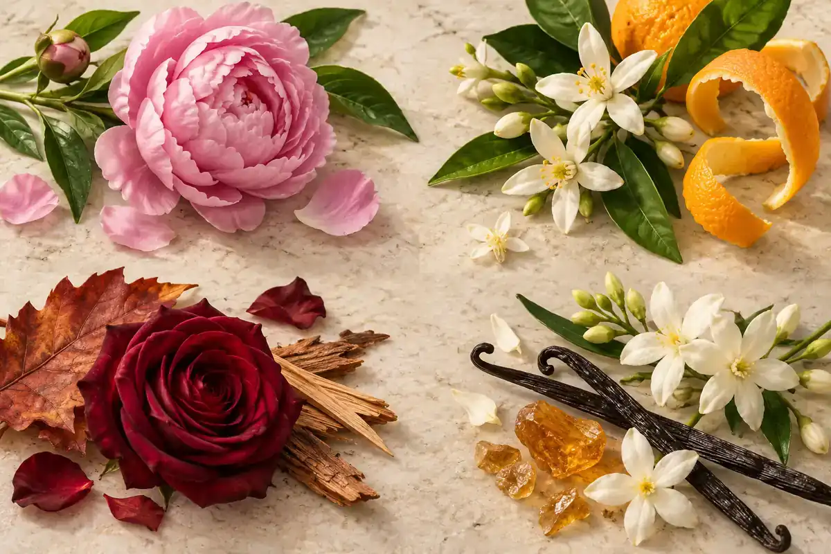 Peonía, azahar, rosa, vainilla y maderas para elegir perfume floral según estación y ocasión