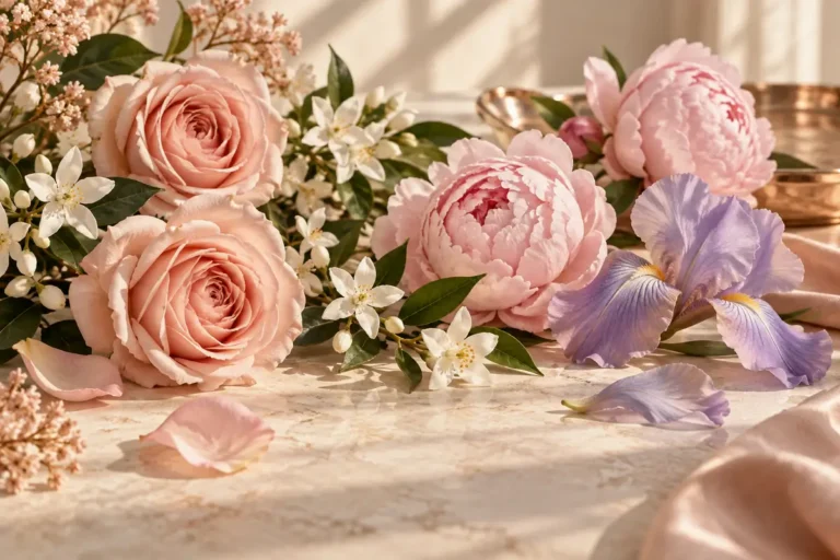Los mejores perfumes florales de mujer equivalentes (guía 2026) 37 Perfumes florales de mujer equivalentes representados con rosa jazmín peonía iris y flor de azahar
