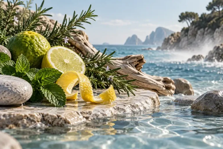 Los mejores perfumes frescos de hombre equivalentes (guía 2026) 29 Perfumes frescos de hombre representados con cítricos hierbas maderas y una costa luminosa