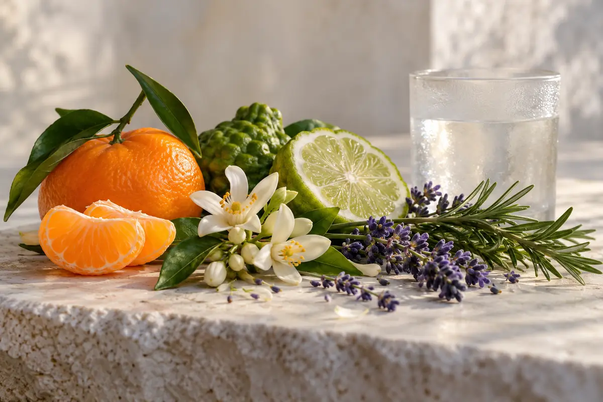 Mandarina, cítrico verde, azahar, lavanda y romero sobre piedra clara