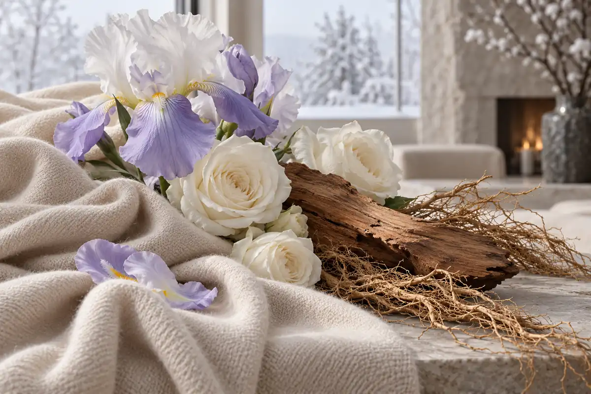 Iris, rosas blancas, raíces y madera sobre un tejido claro