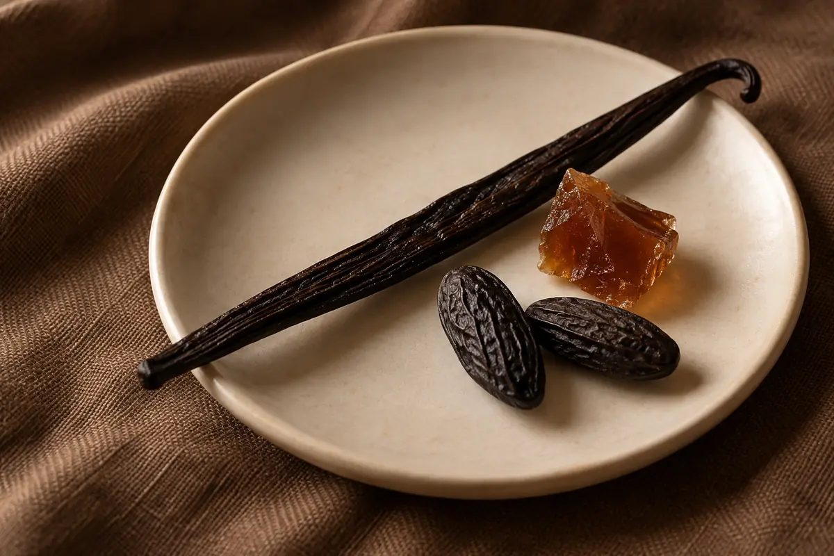 Vainilla, caramelo y dos habas tonka sobre un plato claro