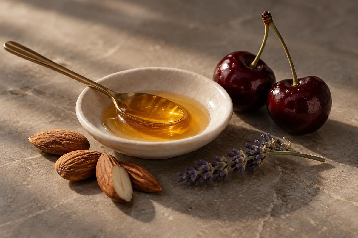 Miel, almendras, cerezas y lavanda sobre piedra