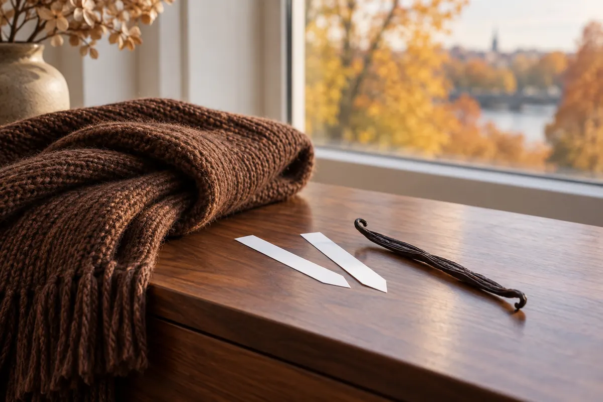 Bufanda de punto, tiras olfativas y vainilla junto a una ventana en otoño