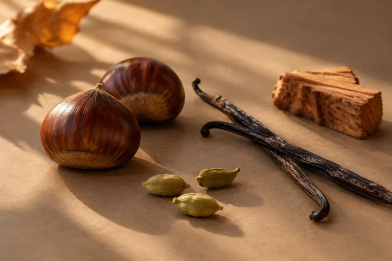 Perfumes gourmand para hombre: cómo elegir tu primer aroma dulce 9 Castañas, vainilla, cardamomo y madera bajo luz cálida