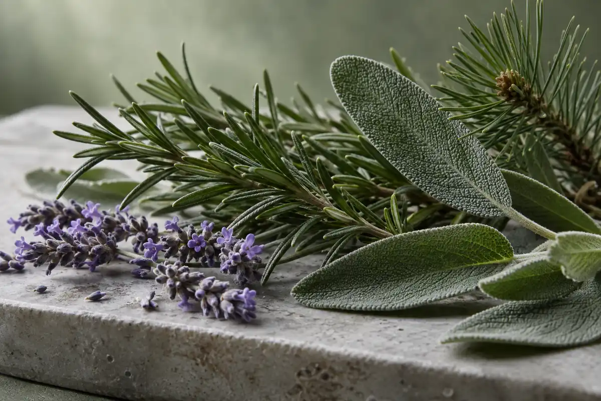 Perfumes de hombre que no sean dulces: cinco alternativas secas y frescas 2 Romero, salvia, lavanda y una rama de pino sobre piedra clara