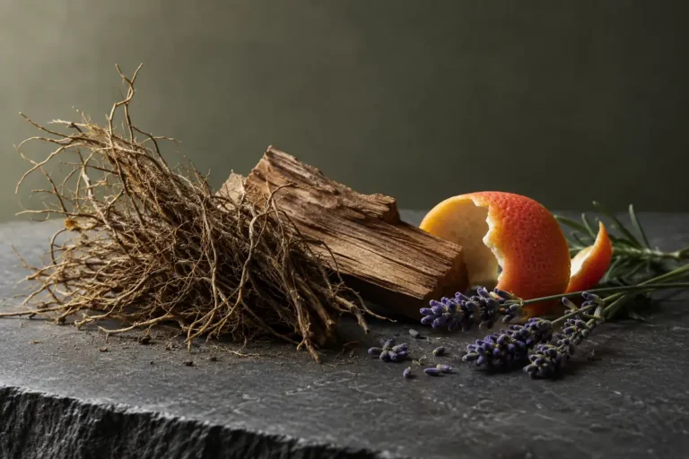 Perfumes de hombre que no sean dulces: cinco alternativas secas y frescas 10 Raíces de vetiver, madera, piel de pomelo y lavanda sobre piedra oscura